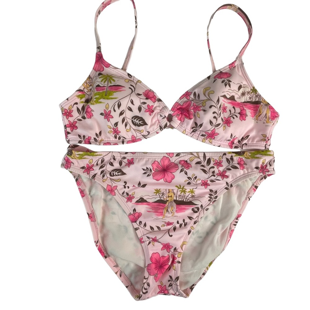 High Rise Bikini SET Bra Top Hawaiian Lai Floral Pink M